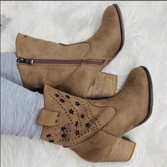 Tiara Shoes - TIARA Taupe Star Studded WesternStyle Ankle Bootie